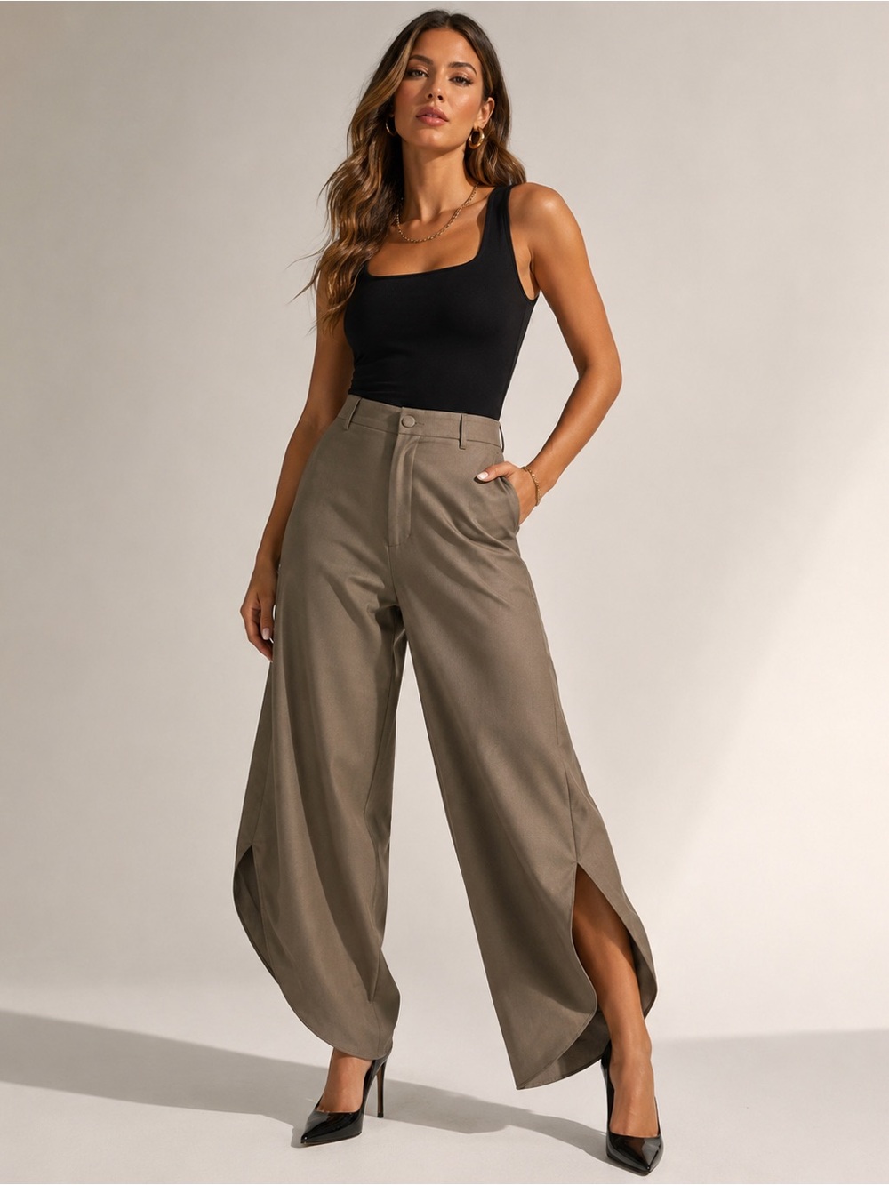 Beige Moss Balloon Pants Side Slit Wide Leg Cargo Taupe M NWT